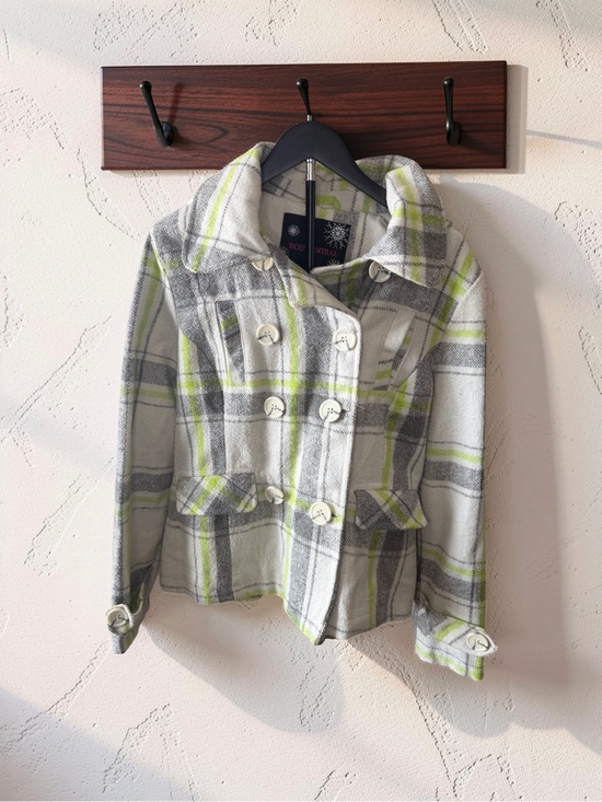 Body Central Jackets & Blazers - Body Central Gray, White & Lime Plaid Double-Breasted Pea Coat
